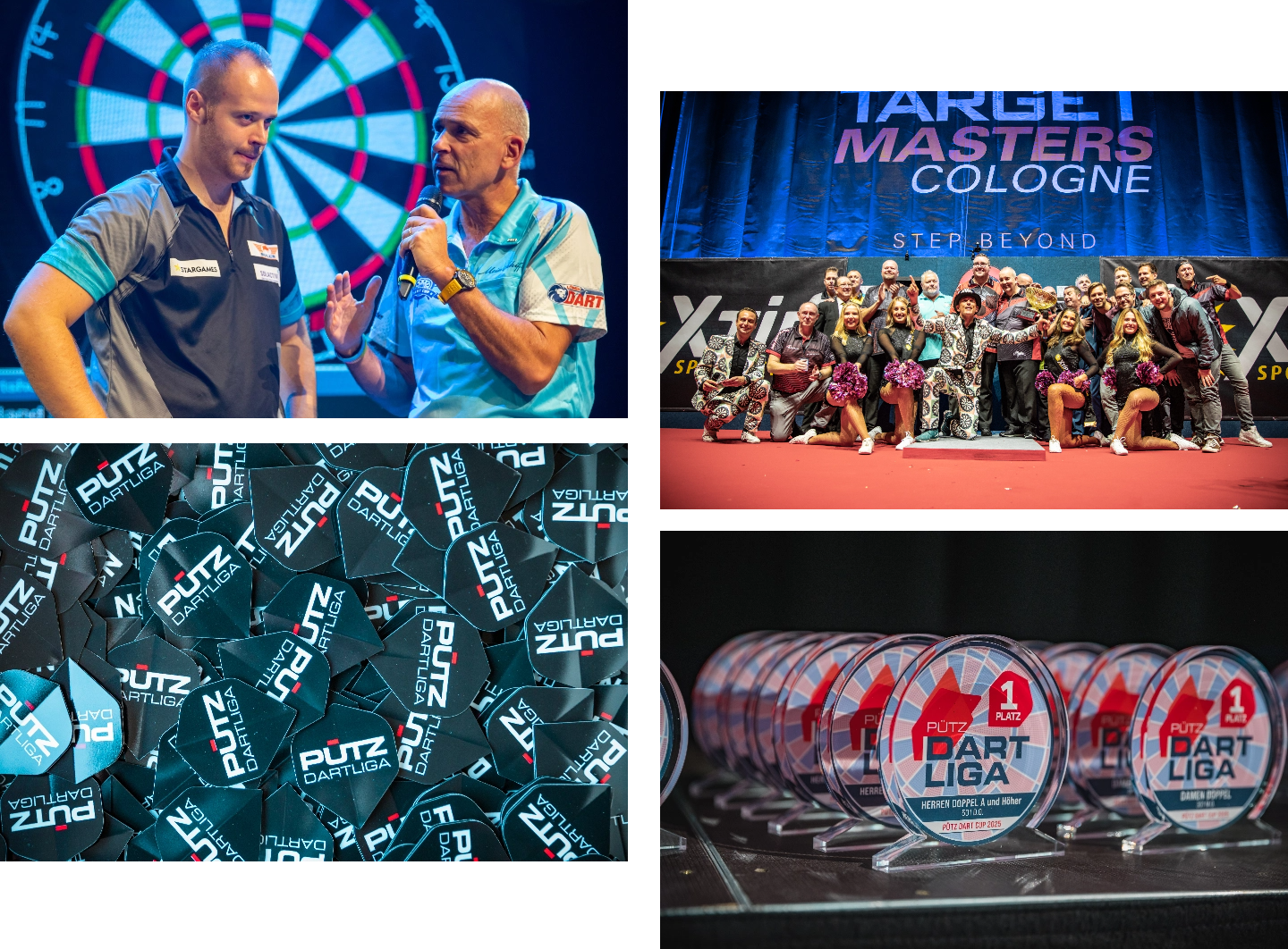 Bildercollage von Menschen beim Dartturnier, Dartflights, Pokaöen und zwei Personen auf einer Bühne mit Mikrofon.